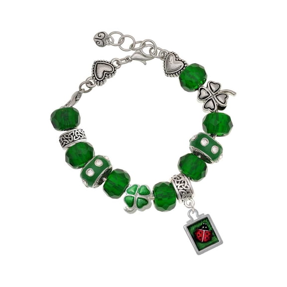 Delight Jewelry Silvertone Red Ladybug in Shadow Box - Green Irish Luck Bead Charm Bracelet, 7.5"