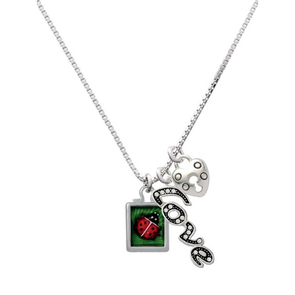 Delight Jewelry Silvertone Red Ladybug in Shadow Box - Love and Lock Charm Necklace, 18"+1"