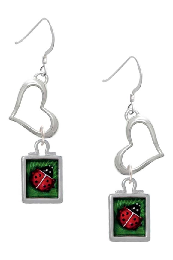 Silvertone Red Ladybug in Shadow Box Open Heart French Earrings