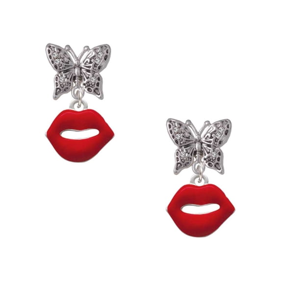 Delight Jewelry Silvertone Red Lips Silvertone Antiqued Butterfly Post Earrings