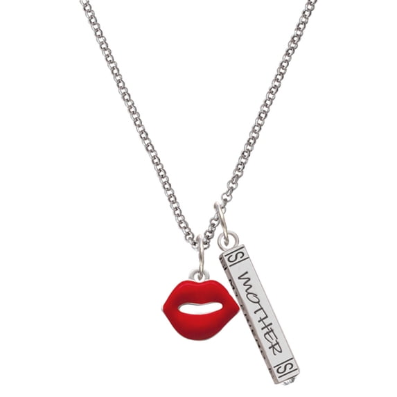 Delight Jewelry Silvertone Red Lips Silvertone Mother Daughter Bar Charm Necklace, 23"