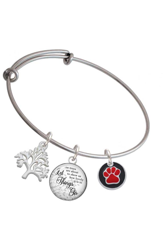 Silvertone Red Paw on Black Disc Silvertone Let Things Go Tree Charm Bangle Bracelet
