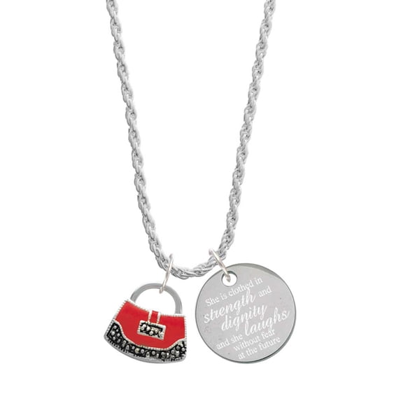 Delight Jewelry Silvertone Red Purse She is Clothed in Stength and Dignity Charm Necklace, 20"+3"