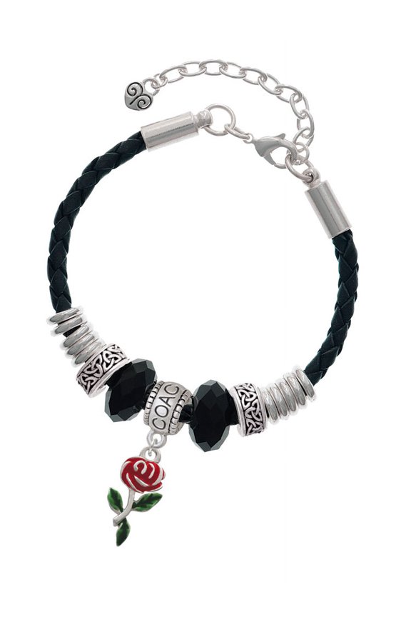 Silvertone Red Rose Flower Coach Celtic Knot Leather Bead Bracelet, 7"+2" Extender