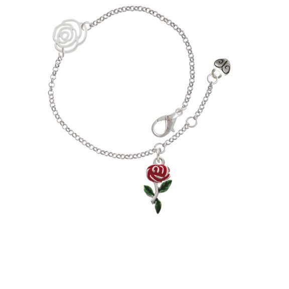 Delight Jewelry Silvertone Red Rose Flower Silver-tone Rose Link Chain Bracelet, 6.25"+1.75" Extender