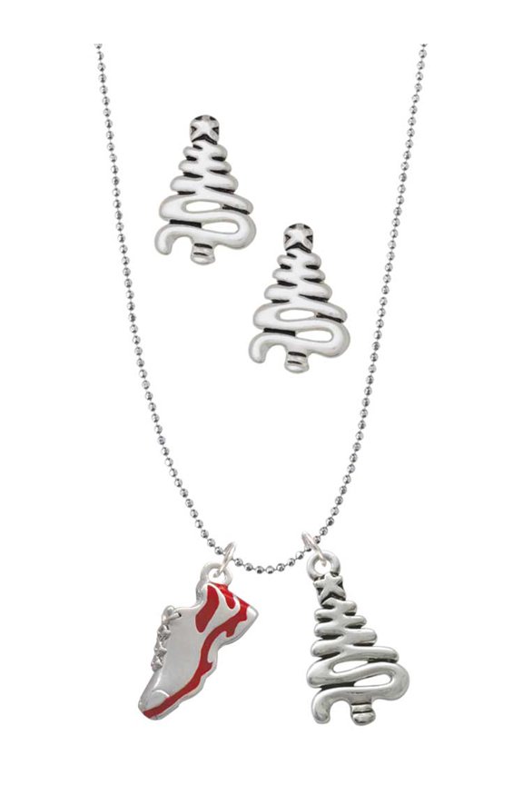 Silvertone Red Running Shoe Silver tone Zig Zag Christmas Tree Charm Necklace and Stud Earrings
