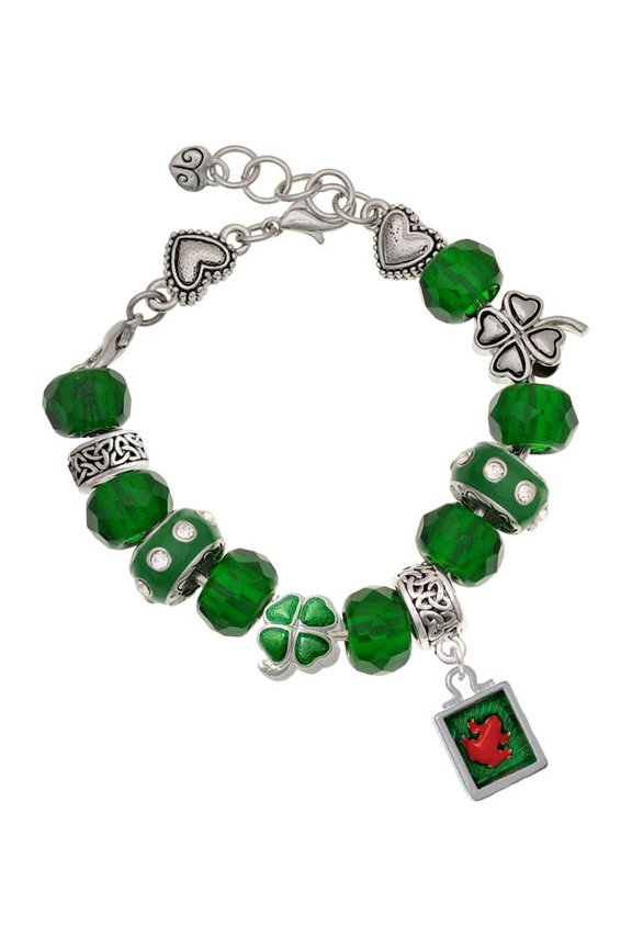Silvertone Red Tree Frog in Shadow Box - Green Irish Luck Bead Charm Bracelet, 7.5"
