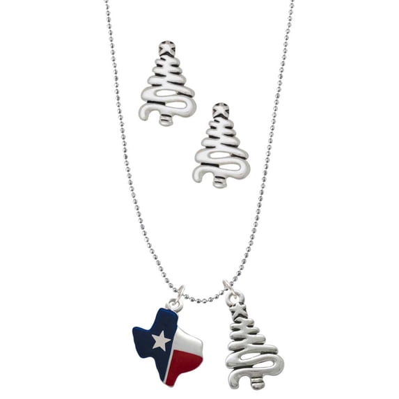 Delight Jewelry Silvertone Red and Blue Texas Silver tone Zig Zag Christmas Tree Charm Necklace and Stud Earrings