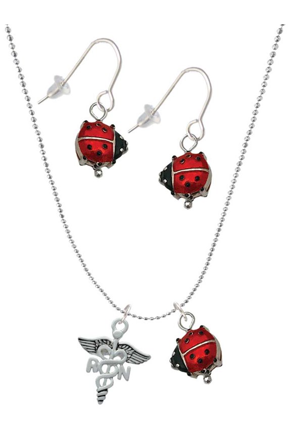 Silvertone Registered Nurse Caduceus Red Lucky Ladybug Necklace and Dangle Earrings Set