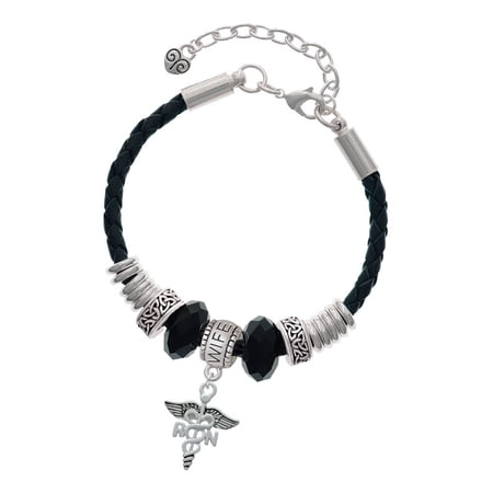 Delight Jewelry Silvertone Registered Nurse Caduceus Wife Celtic Knot Leather Bead Bracelet, 7"+2" Extender