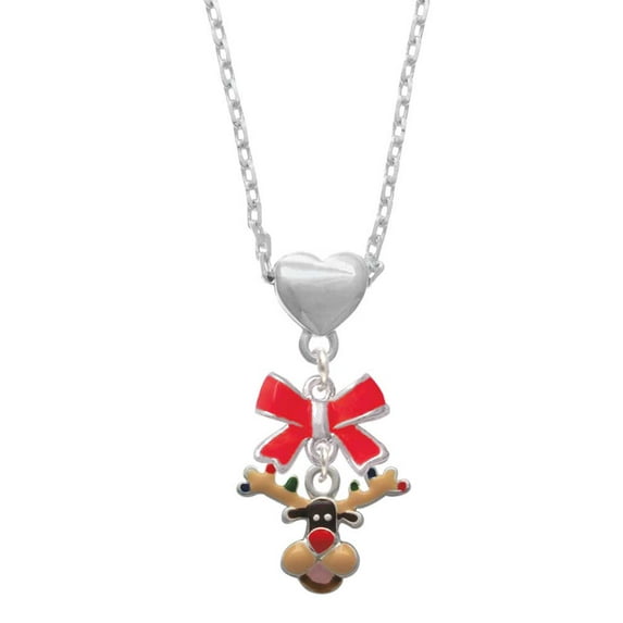 Delight Jewelry Silvertone Reindeer with Christmas Lights Red Bow Heart Necklace