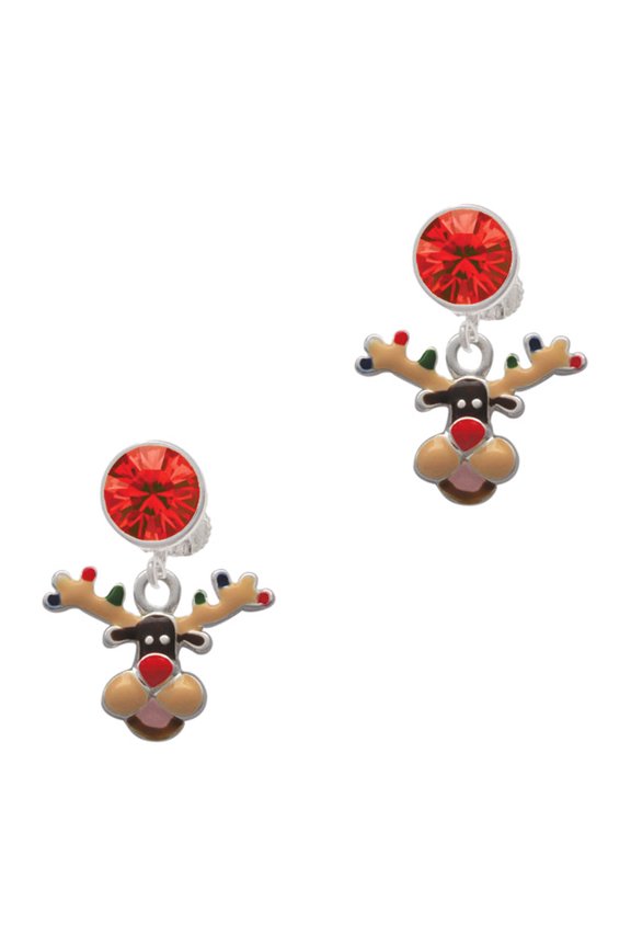 Silvertone Reindeer with Christmas Lights Red Crystal Clip on Earrings
