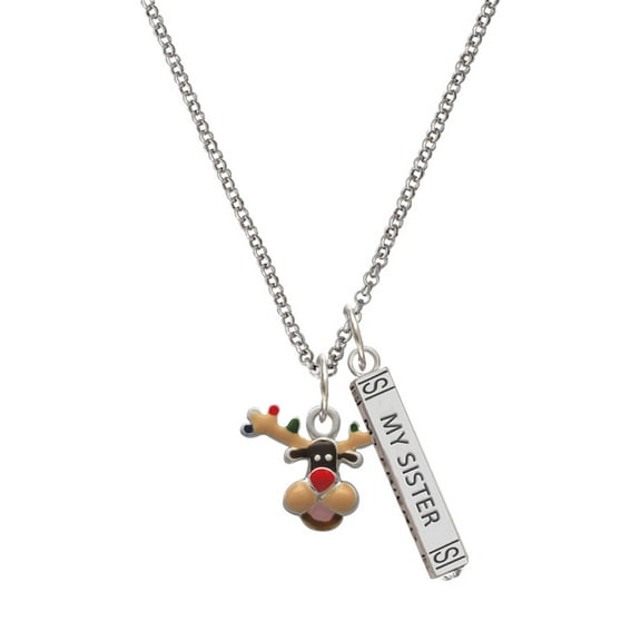 Delight Jewelry Silvertone Reindeer with Christmas Lights Silvertone Always My Sister Bar Charm Necklace, 23"