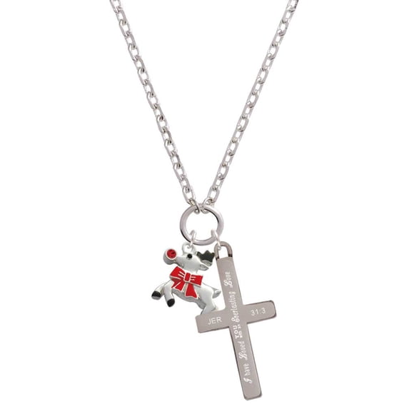 Delight Jewelry Silvertone Reindeer with Red Crystal Everlasting Love Engraved Cross Zoey Necklace, 28"