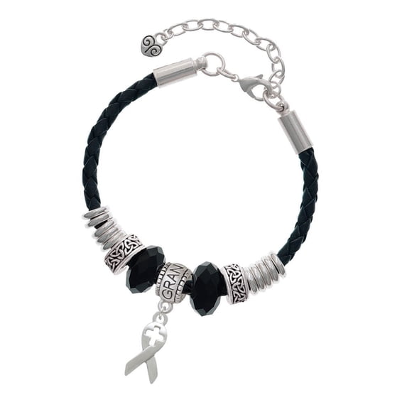 Delight Jewelry Silvertone Ribbon with Cross Cutout Grandmother Celtic Knot Leather Bead Bracelet, 7"+2" Extender