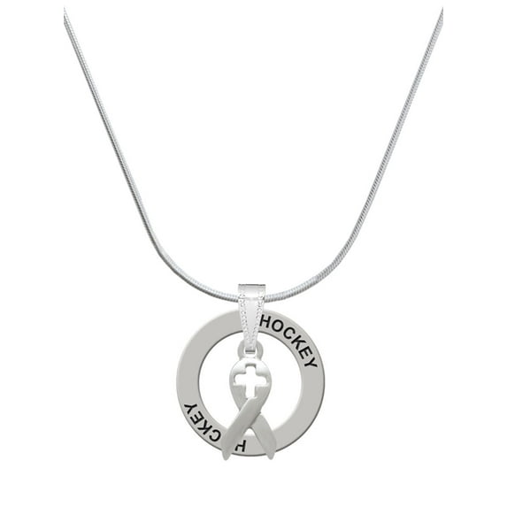 Delight Jewelry Silvertone Ribbon with Cross Cutout Hockey Ring Charm Necklace, 18"