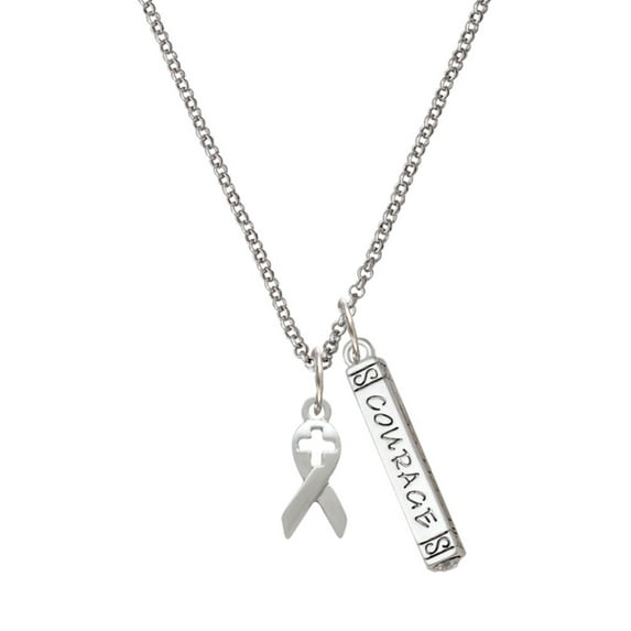 Delight Jewelry Silvertone Ribbon with Cross Cutout Silvertone Courage Strength Wisdom Honesty Bar Charm Necklace, 23"