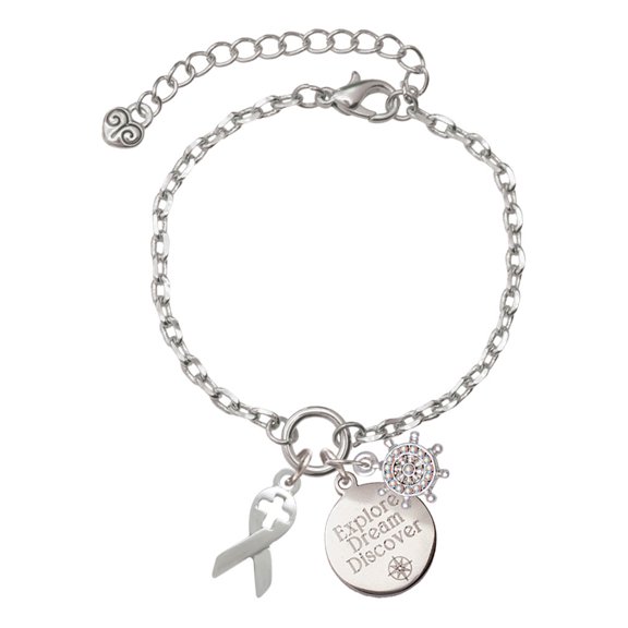 Delight Jewelry Silvertone Ribbon with Cross Cutout Silvertone Discover Dream Explore Zoey Charm Bracelet, 6.5+2" Extender