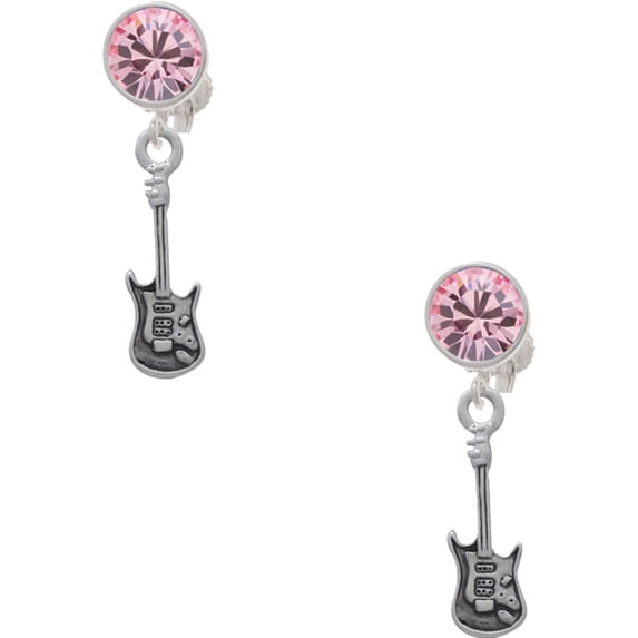 Delight Jewelry Silvertone Rock Star Guitar Pink Crystal Clip on Earrings