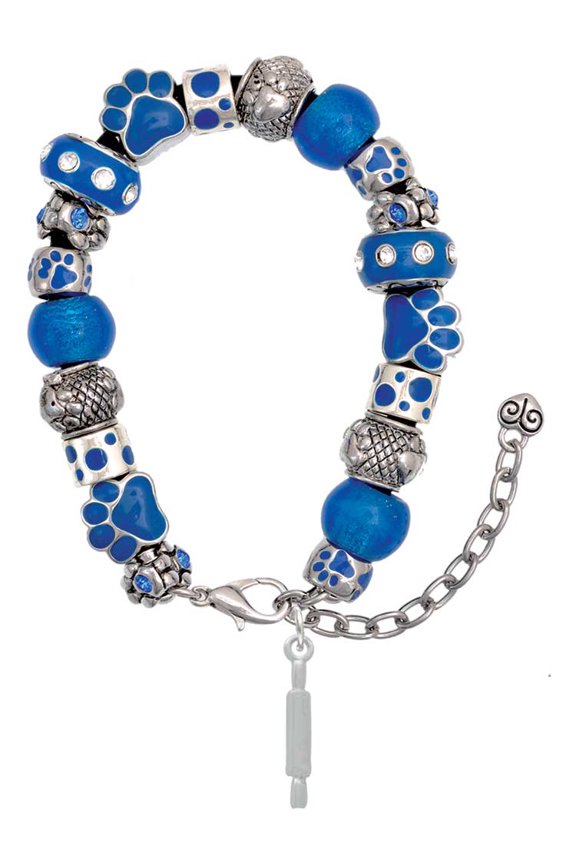 Silvertone Rolling Pin Blue Paw Print Bead Bracelet, 7"+2"