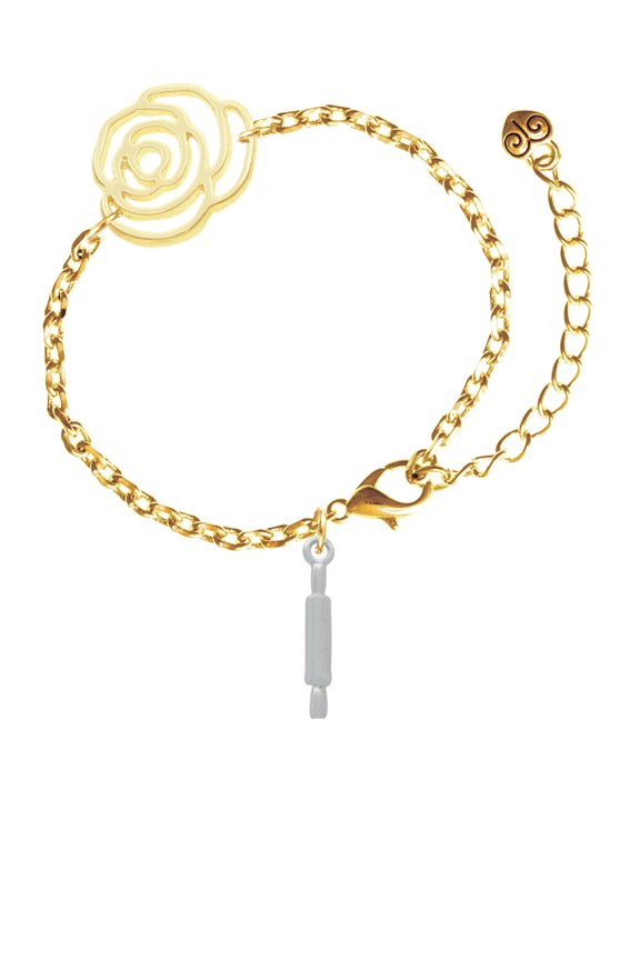 Silvertone Rolling Pin Gold-tone Flower Link Chain Bracelet, 6.75"+2" Extender