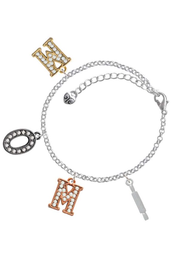 Silvertone Rolling Pin Multi-Colored Crystal Mom Charm Bracelet