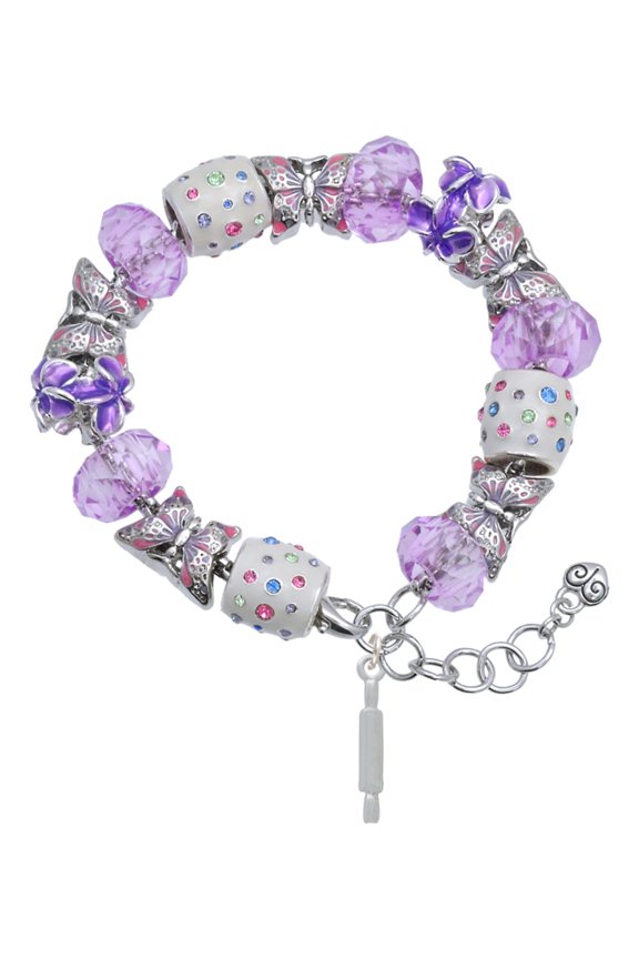 Silvertone Rolling Pin Purple Butterfly Bead Charm Bracelet, 7"+1" Extender