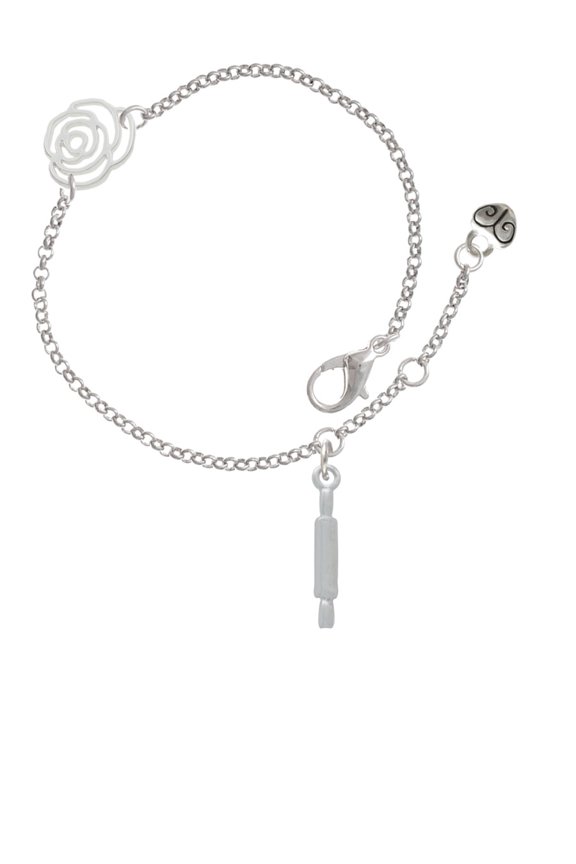 Silvertone Rolling Pin Silver-tone Rose Link Chain Bracelet, 6.25"+1.75" Extender