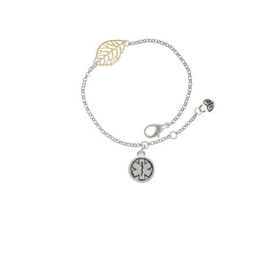 Delight Jewelry Silvertone Round EMT Star of Life - Goldtone Leaf Delicate Bracelet, 6.25+1.75"