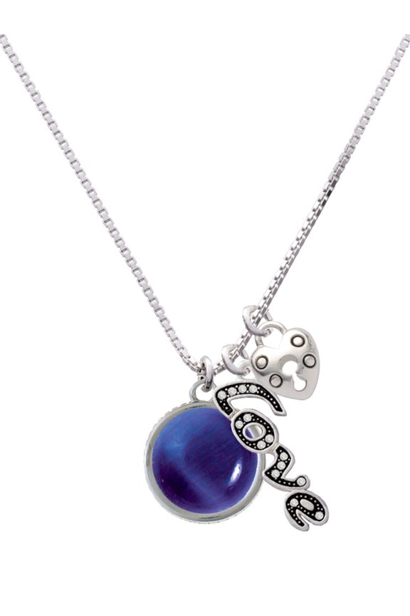 Silvertone Round - Imitation Cat's Eye - Blue - - Love and Lock Charm Necklace, 18"+1"
