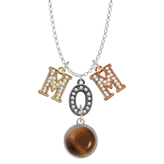 Delight Jewelry Silvertone Round - Imitation Cat's Eye - Brown - Multi-Colored Crystal Mom Charm Necklace