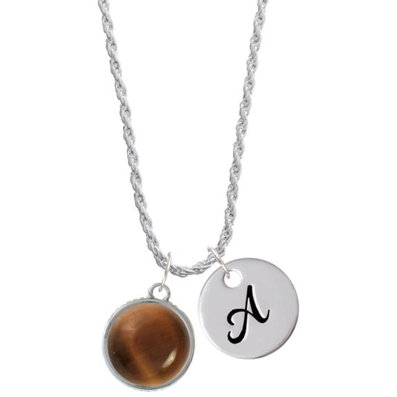 Delight Jewelry Silvertone Round - Imitation Cat's Eye - Brown - Silvertone Script Initial Disc - A - Charm Necklace, 20"+3"