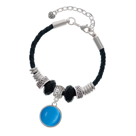 Delight Jewelry Silvertone Round - Imitation Cat's Eye - Dark Teal - Daughter Celtic Knot Leather Bead Bracelet, 7"+2" Extender