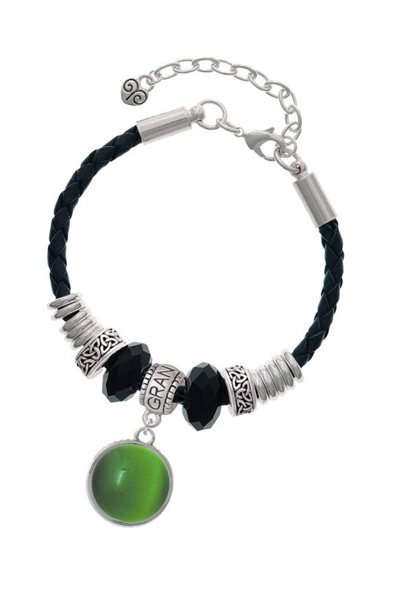 Silvertone Round - Imitation Cat's Eye - Green - Grandmother Celtic Knot Leather Bead Bracelet, 7"+2" Extender