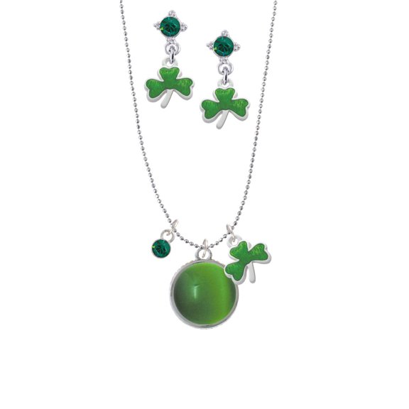Delight Jewelry Silvertone Round - Imitation Cat's Eye - Green - Green Shamrock Necklace and Clover Earrings Jewelry Set