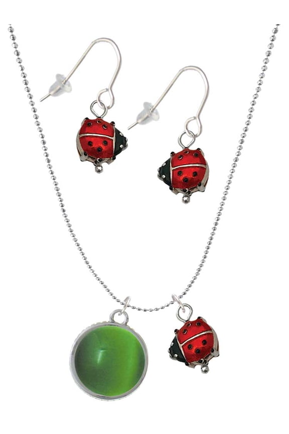 Silvertone Round - Imitation Cat's Eye - Green - Red Lucky Ladybug Necklace and Dangle Earrings Set