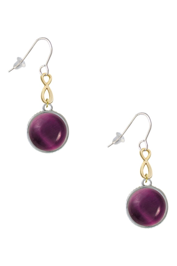 Silvertone Round - Imitation Cat's Eye - Purple - Gold Tone Infinity French Earrings