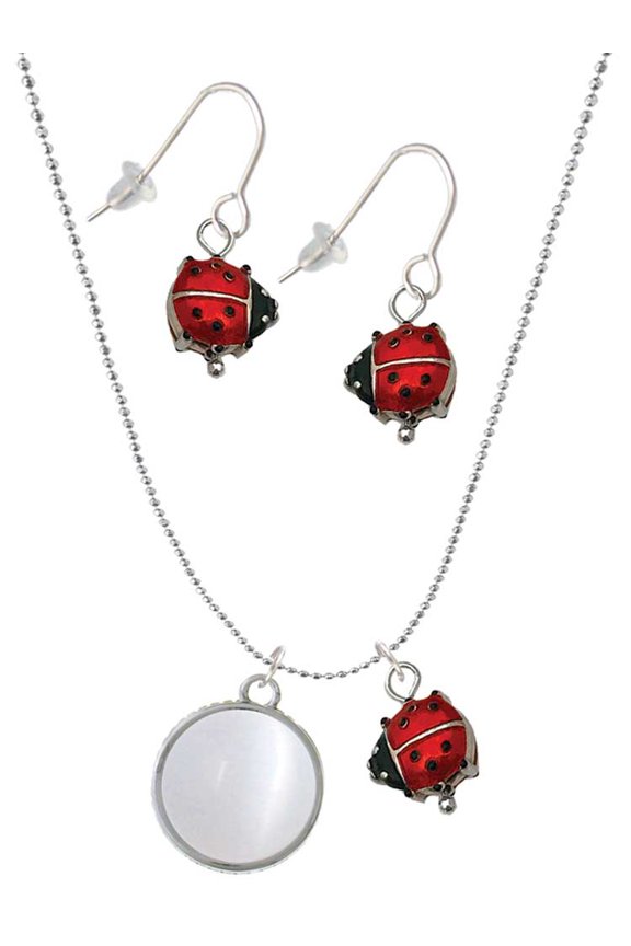 Silvertone Round - Imitation Cat's Eye - White - Red Lucky Ladybug Necklace and Dangle Earrings Set