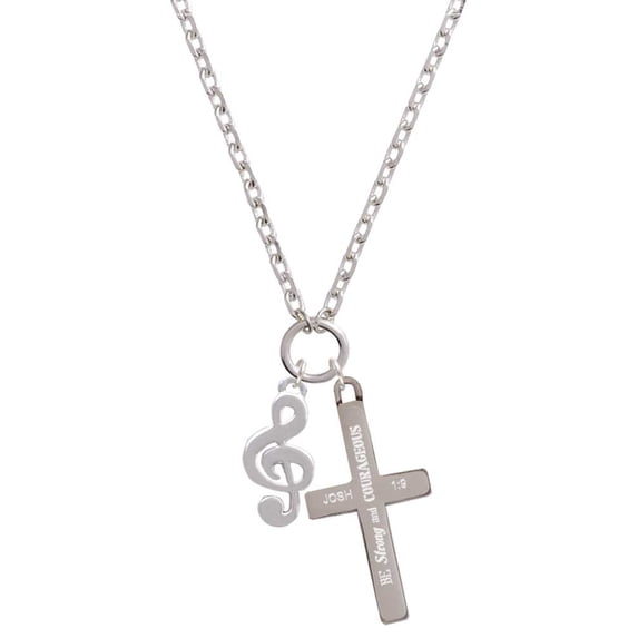 Delight Jewelry Silvertone Rounded Clef Be Strong and Courageous Engraved Cross Zoey Necklace, 28"