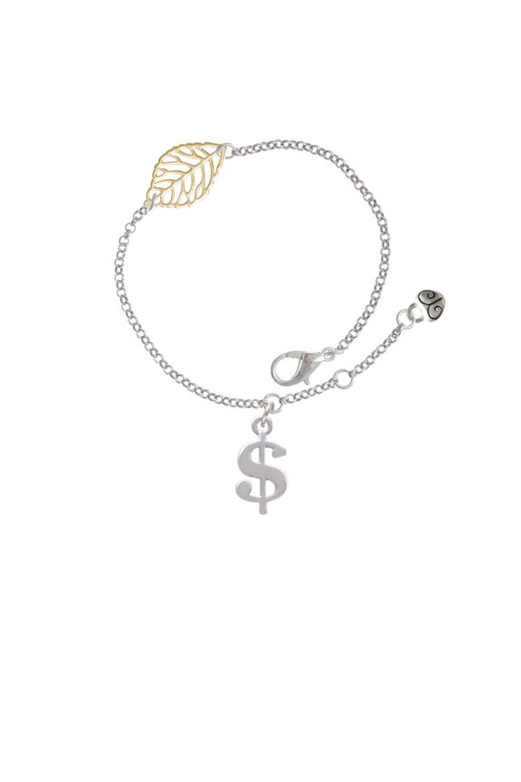 Silvertone Rounded Dollar Sign - Goldtone Leaf Delicate Bracelet, 6.25+1.75"