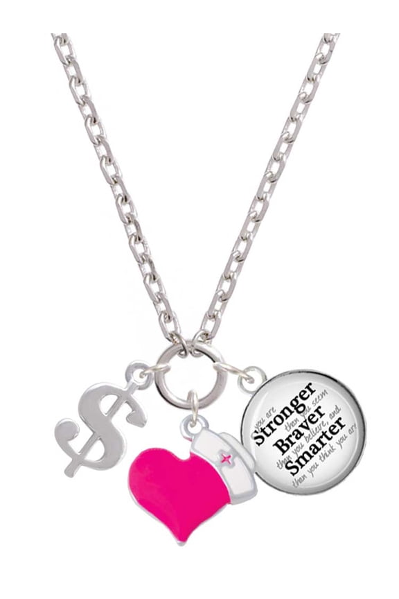 Silvertone Rounded Dollar Sign - Hot Pink Heart Nurse Strong Zoe Necklace