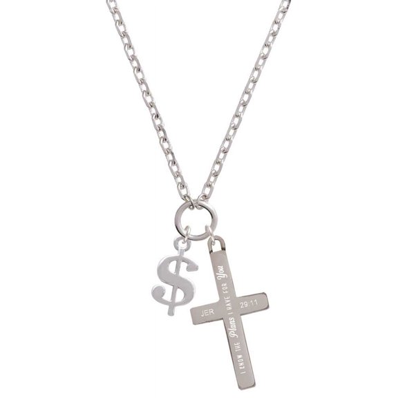 Delight Jewelry Silvertone Rounded Dollar Sign I Have Plans for You Engraved Cross Zoey Necklace, 28"