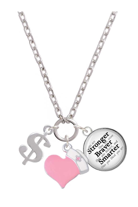 Silvertone Rounded Dollar Sign - Light Pink Heart Nurse Strong Zoe Necklace