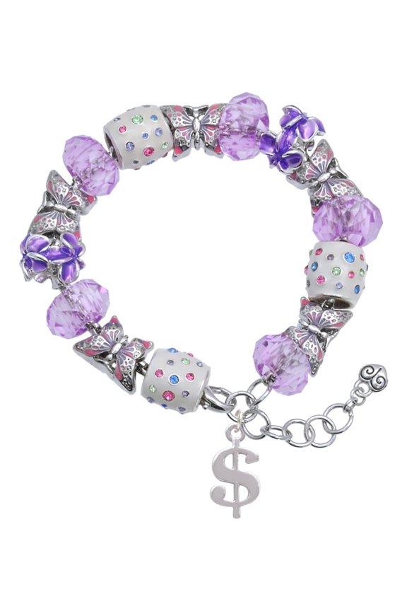 Silvertone Rounded Dollar Sign Purple Butterfly Bead Charm Bracelet, 7"+1" Extender