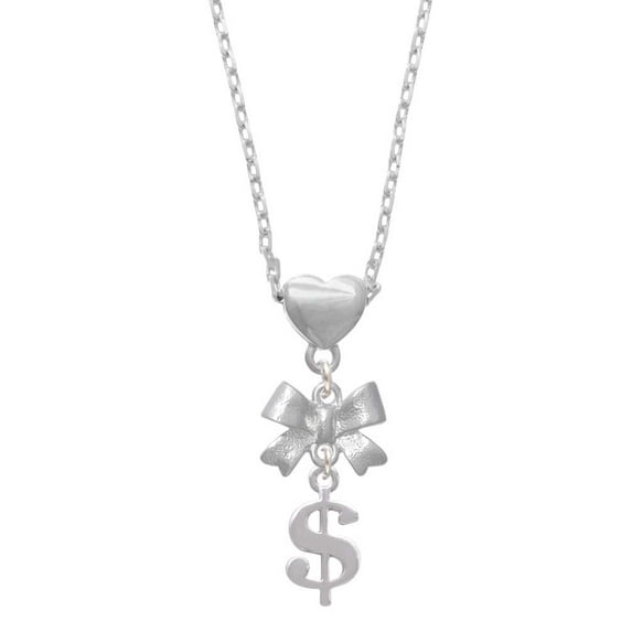 Delight Jewelry Silvertone Rounded Dollar Sign Silver tone Bow Heart Necklace