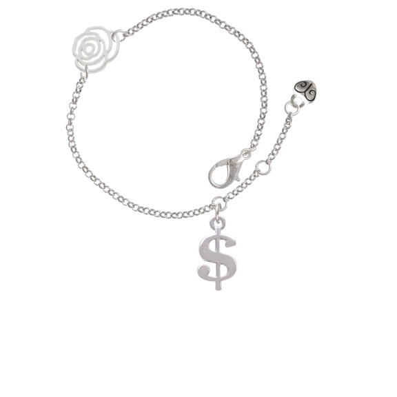 Delight Jewelry Silvertone Rounded Dollar Sign Silver-tone Rose Link Chain Bracelet, 6.25"+1.75" Extender