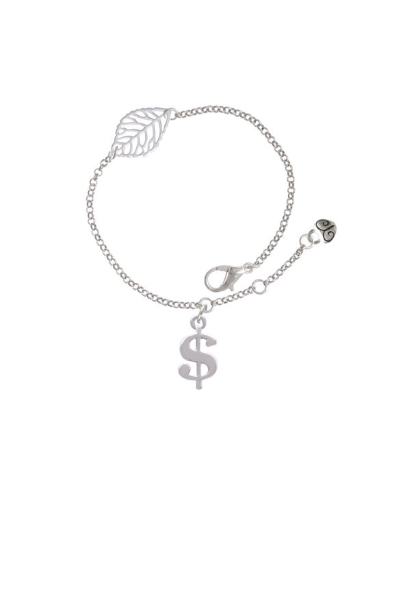 Silvertone Rounded Dollar Sign - Silvertone Leaf Delicate Bracelet, 6.25+1.75"