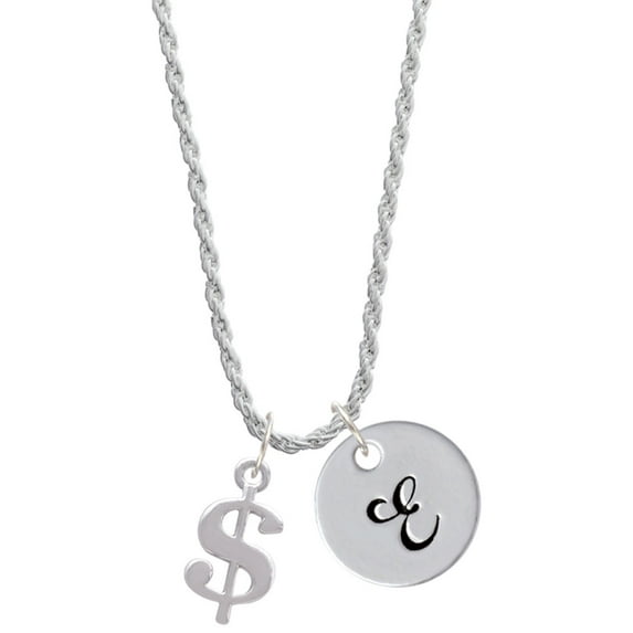 Delight Jewelry Silvertone Rounded Dollar Sign Silvertone Script Initial Disc - E - Charm Necklace, 20"+3"