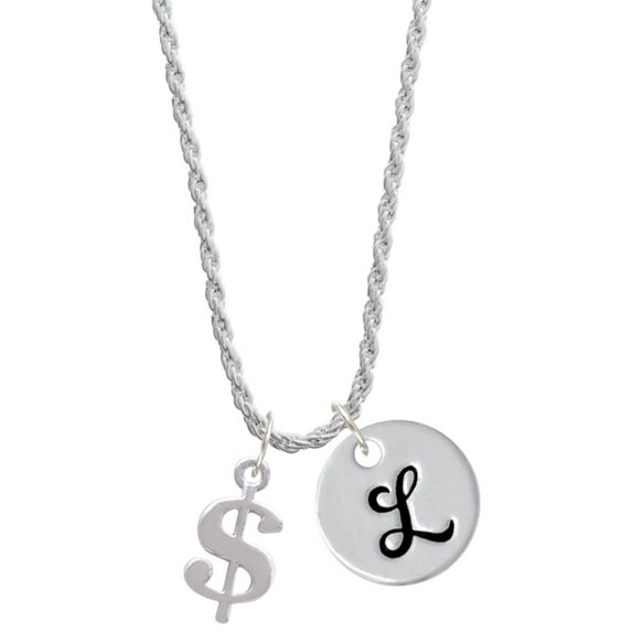 Delight Jewelry Silvertone Rounded Dollar Sign Silvertone Script Initial Disc - L - Charm Necklace, 20"+3"