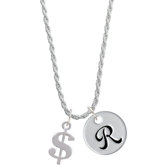 Delight Jewelry Silvertone Rounded Dollar Sign Silvertone Script Initial Disc - R - Charm Necklace, 20"+3"